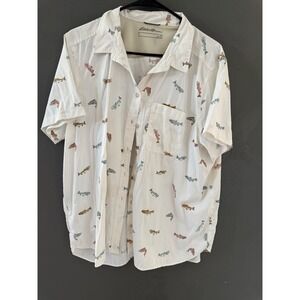 Eddie Bauer Mens XL White Trout Fish Print Short Sleeve Button Up Fishing Shirt
